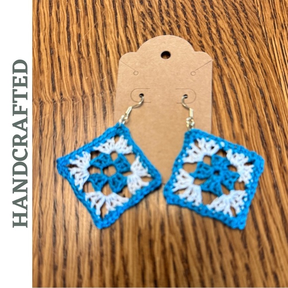 Handcrafted Blue & White Crochet Earrings | Square Boho Drops | Artisan Jewelry - Picture 3 of 4